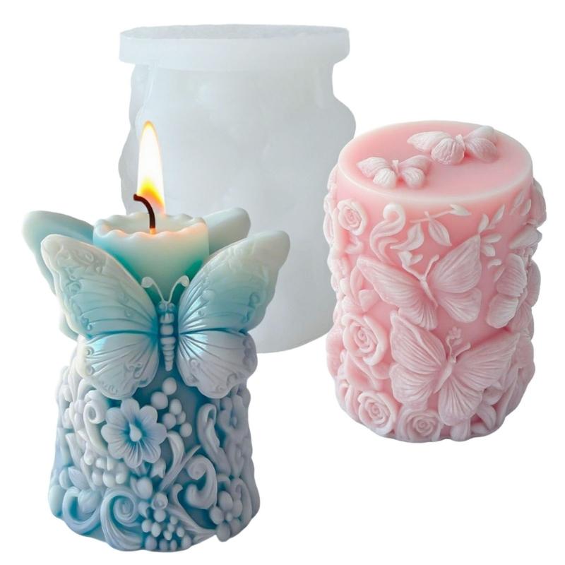 Silicone Cylinder Candle Mould With Florals Butterfly Embossed Designs for Artistics Handmade Candle and Home Decoration