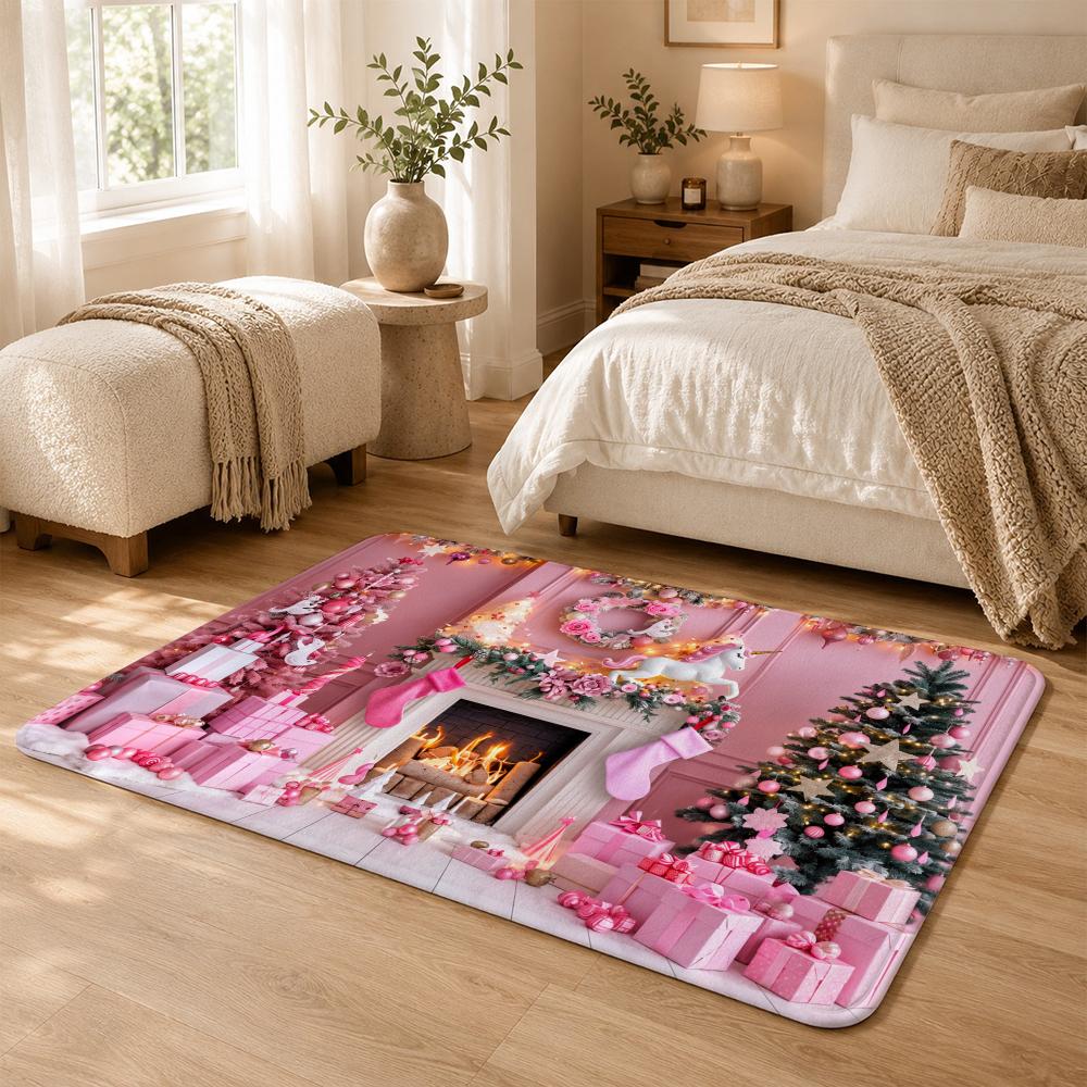 Christmas Fireplace Interior Scene Floor Mat Flannel Rug Soft Non Slip Washable Door Mat For Bathroom Bedroom Kitchen Home Decor