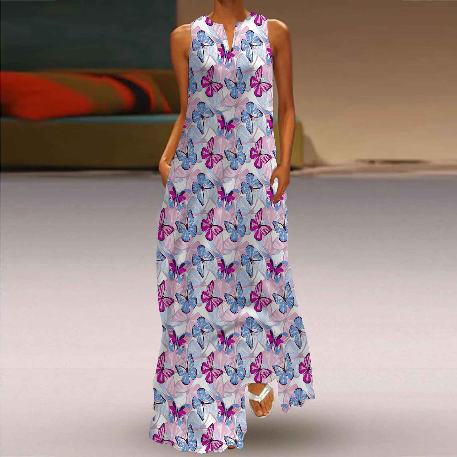 

Жіноча довга сукня А-силуету без рукавів із барвистим принтом, осінньо-зимовий V-подібний виріз, елегантний стиль ретро 4XL світло-синій колір