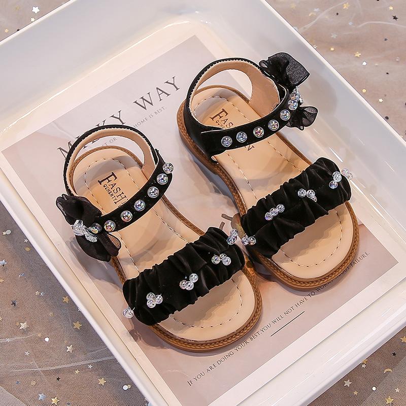 

Girls Beach Shoes Pleated Sweet Kids Sandals Lace Bows Sweet Open Toes 2025 Summer New Children Casual Shoes Non-slip Soft Sole 26 чёрный
