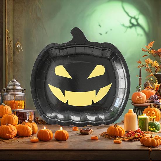 Halloween Pumpkin Paper Plates Black Orange Pumpkin Grimace Plates Disposable Serving Trays for Halloween Party Favors