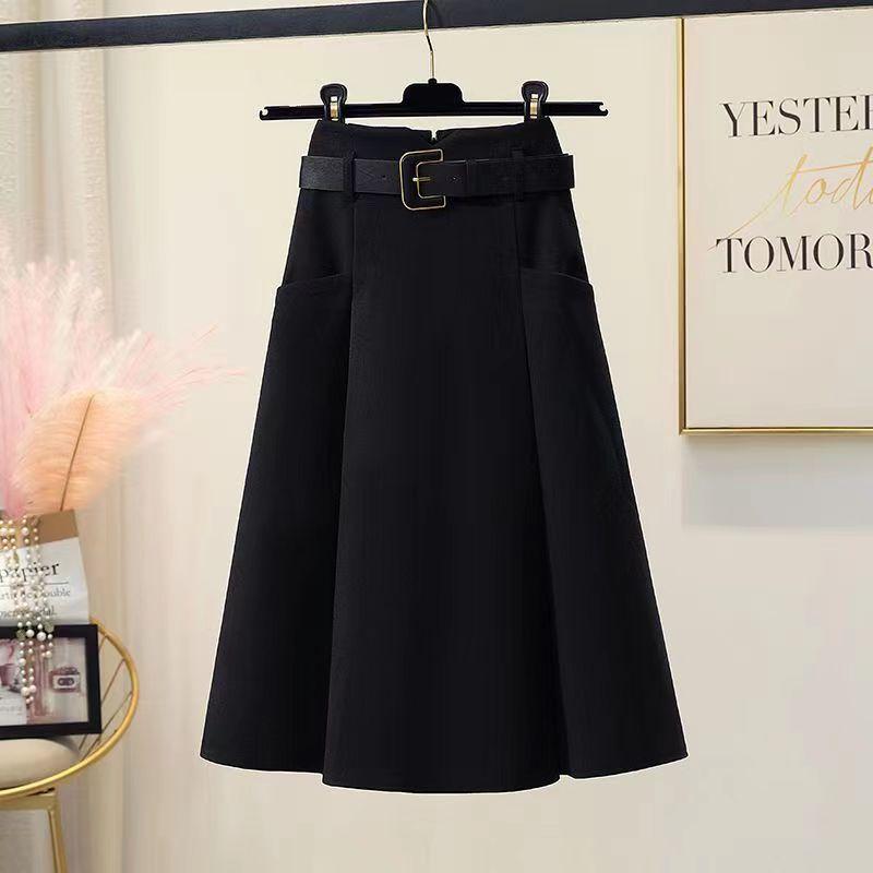 Halblanger Wollrock für Damen im Herbst und Winter, einfarbiger A-Linien-Rock