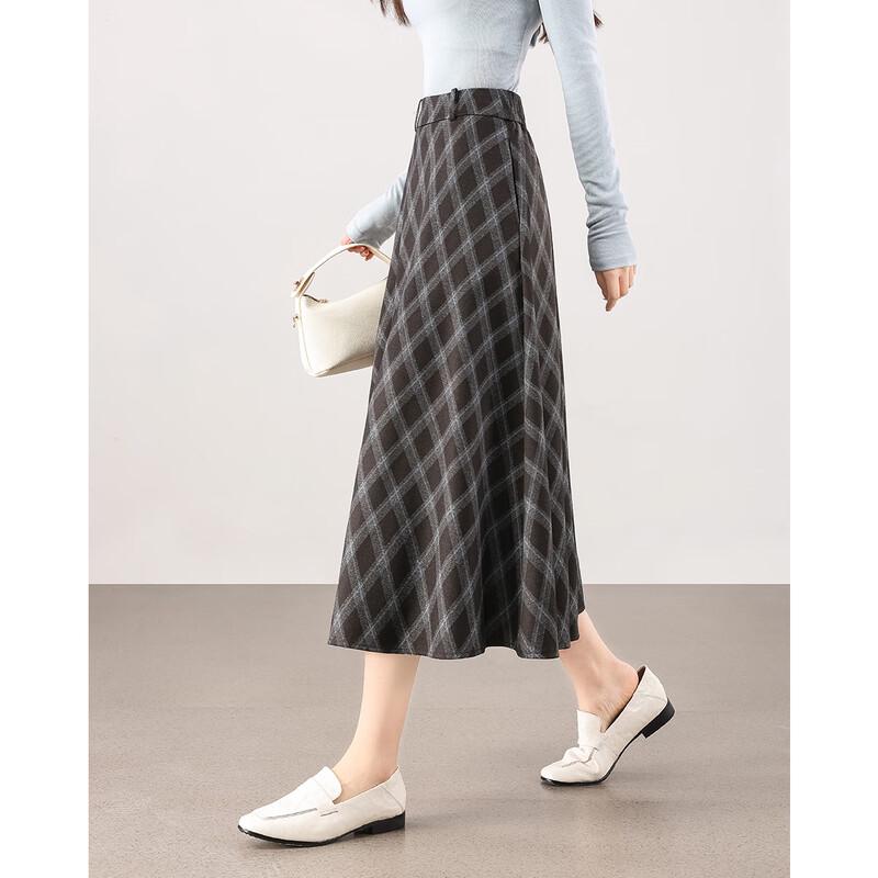TERRE BLEUE Women's Retro High-Waist Plaid A-Line Midi Skirt