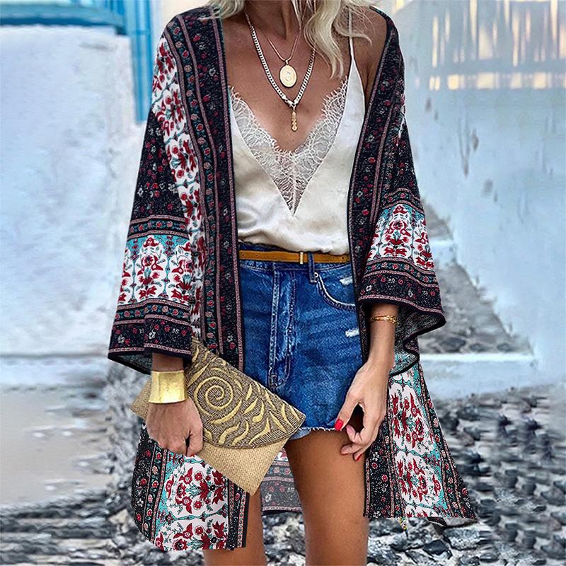 

ZANZEA женские летние пляжные длинные кардиганы с длинными рукавами и цветочным принтом в богемном стиле, свободные купальники, накидки 5XL тёмно-синий