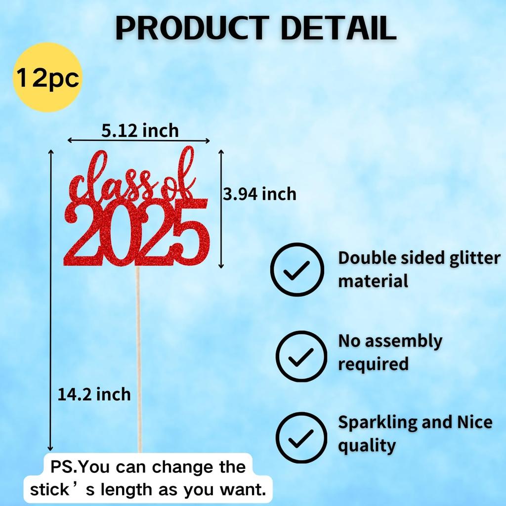 ALISSAR 12 Pack Pre-assembled Double Sided Class of 2025 Graduation Party Centerpiece Sticks, Centerpiece Table Decorations for 2025 Graduation Party