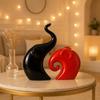 Home Decor Lucky Charm Elephant Couple | Piano Finish Ceramic Figures- (Set of 2 Piece, Red & Black)