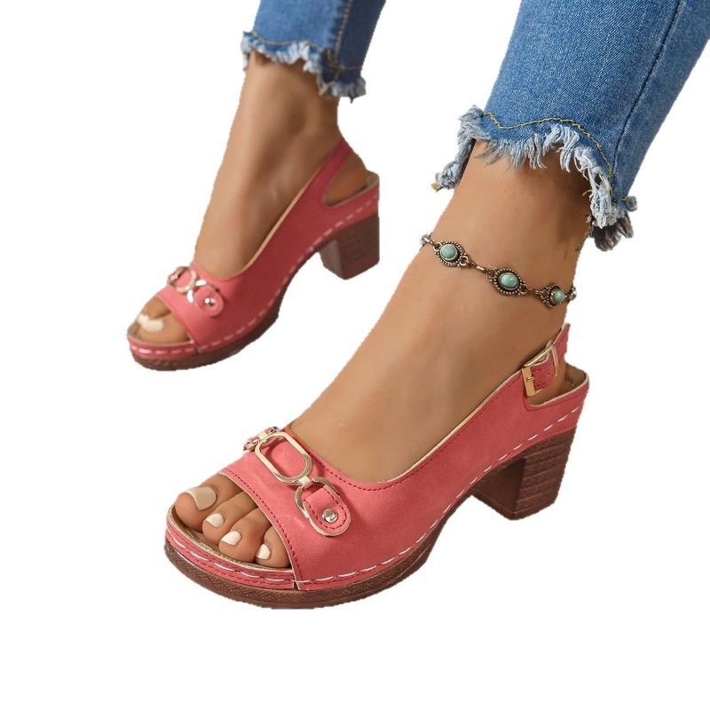 Women’s Peep-Toe Buckle Mid Heel Sandals Comfortable Summer Shoes