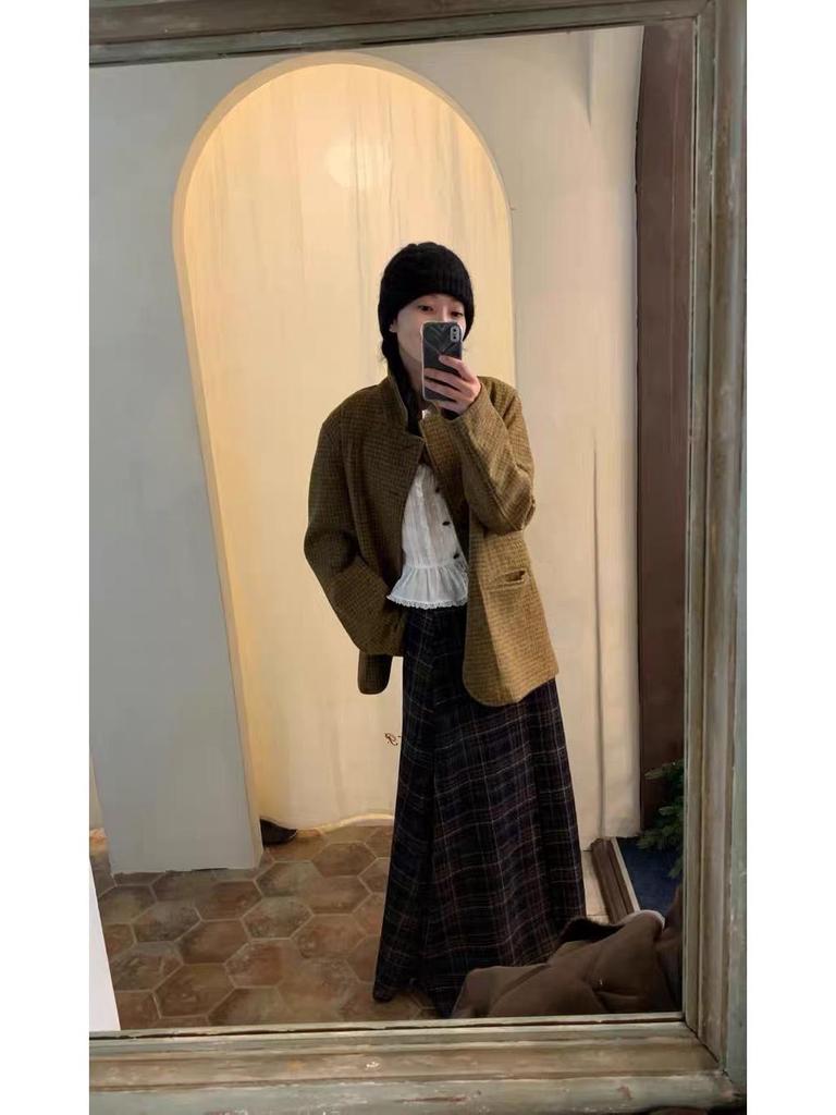 Viaplan Korean Autumn/Winter Elegant Retro Plaid Wool A-line Skirt