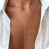 Dainty Long Necklace 14k Gold Plated Y-Shaped Pendant Necklace Trendy Layered Cz Beaded Necklaces Stainless Steel Jewelry