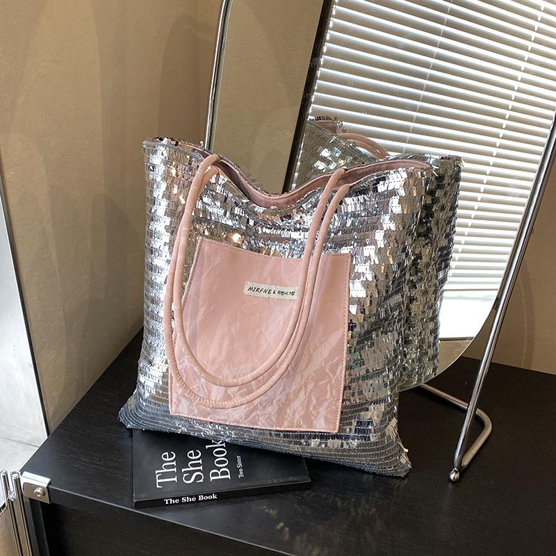 Cool Silver Sequined Big Bag Women's New Fashion Commuter Tote Bag Summer Shoulder Armpit Bag