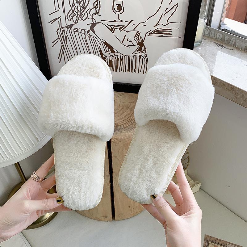 Cozy Plush Cotton Slippers for Women - Indoor Autumn/Winter Open Toe, One-Strap, Flat Bottom, Plus Size