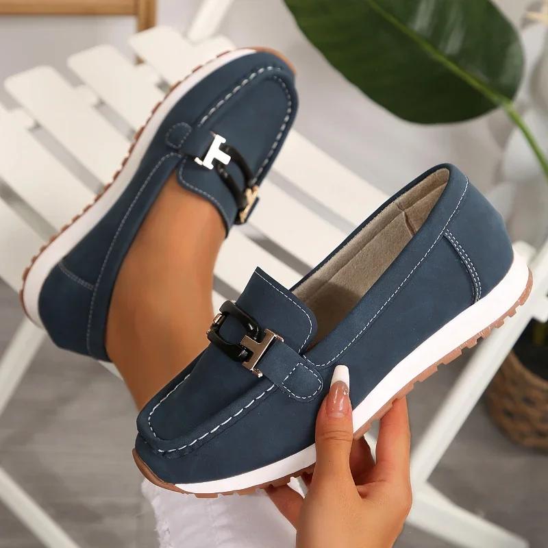 Spring New Women'S Buckle Low-Top Casual Shoes Fashion Round-Toed Vulcanized Shoes Comfortable Slip-On Women'S Flat Shoes