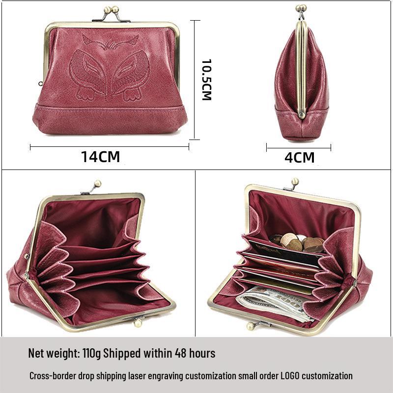 Black Angel Women's Wallet - Top Grain Cowhide, Embroidered, Genuine Leather, Iron Hinge, Multifunctional Compartments, Small & Casual.