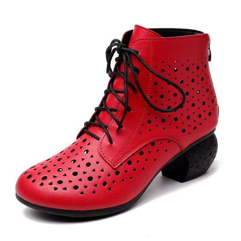 Stivaletti da Donna in Pelle Traforati Primavera Estate Nuovi Punta Tonda Alti Stringati Tacco Blocco Stivali Cool Taglie Grandi Stivali da Ballo