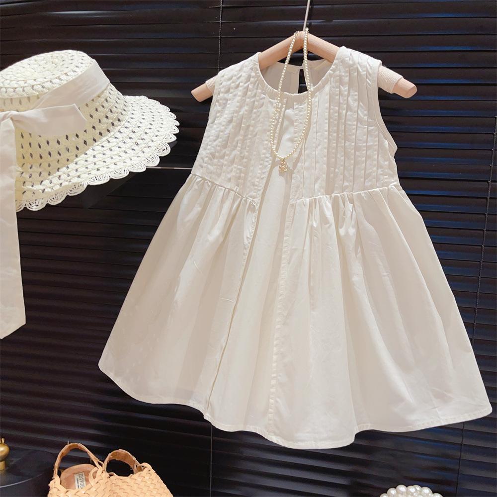 Girls Summer Solid Pleated Waist Cinch Princess Vest Dress With Hat Elegant Stylish Children Clothing 80cm