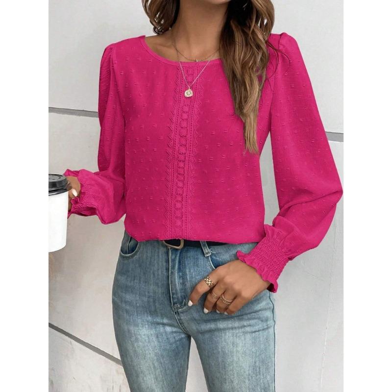 Elegante Dames Ronde Hals Kant Blouse Nieuw Lange Mouw Kantoor Casual Shirt Effen Kleur Tops Lange Mouw Lente Herfst Eenvoudige Zoete Kleding
