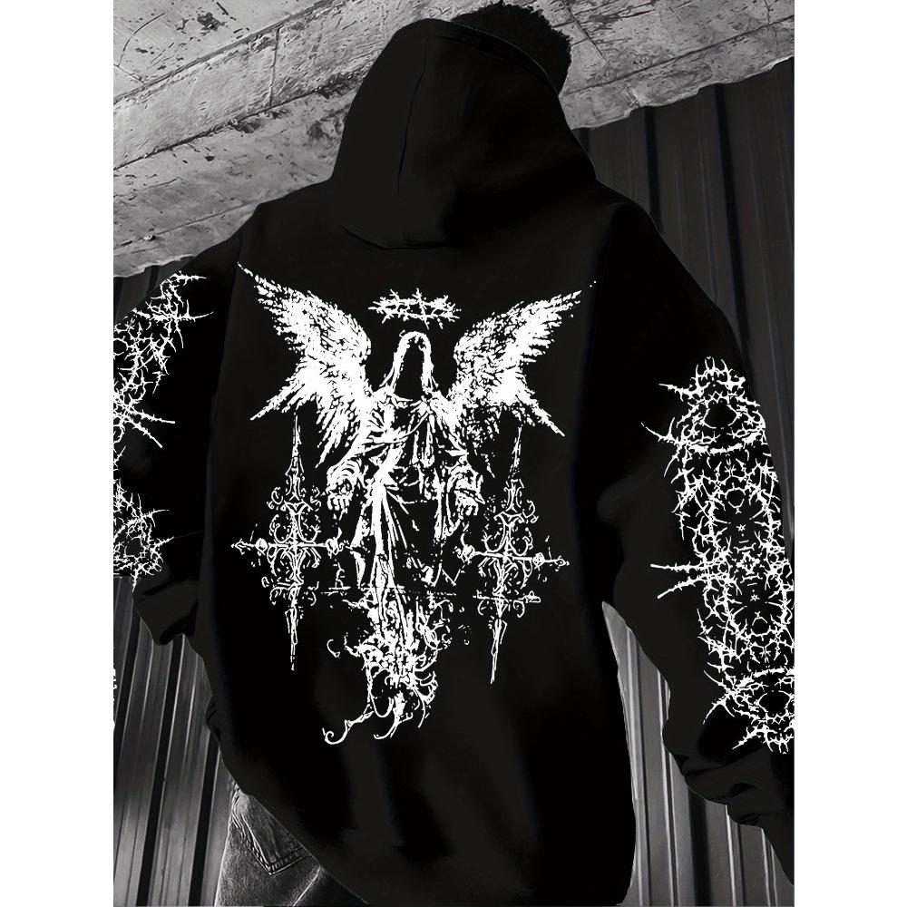 Men's Angel Element Graffiti Thorn Print Fashionable Street Wear Hip-hop Punk Style Hoodie, Regular Fit, Casual Long Sleeved Pullover
