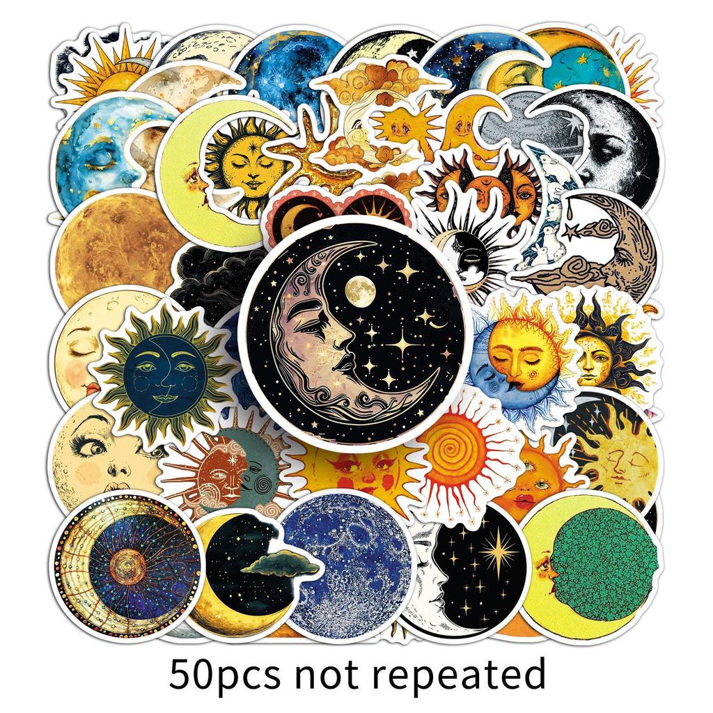 50 Retro Fantasy Sun Moon Star Cloud Stickers - Waterproof Cartoon Decor for Car, Tablet, Helmet