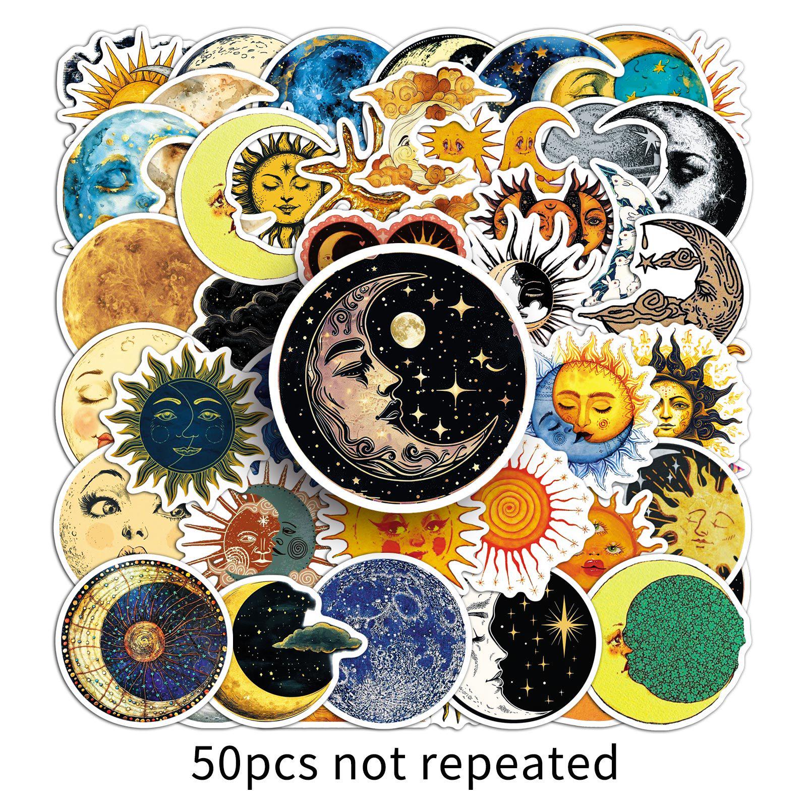 

50 Retro Fantasy Sun Moon Star Cloud Stickers - Waterproof Cartoon Decor for Car, Tablet, Helmet