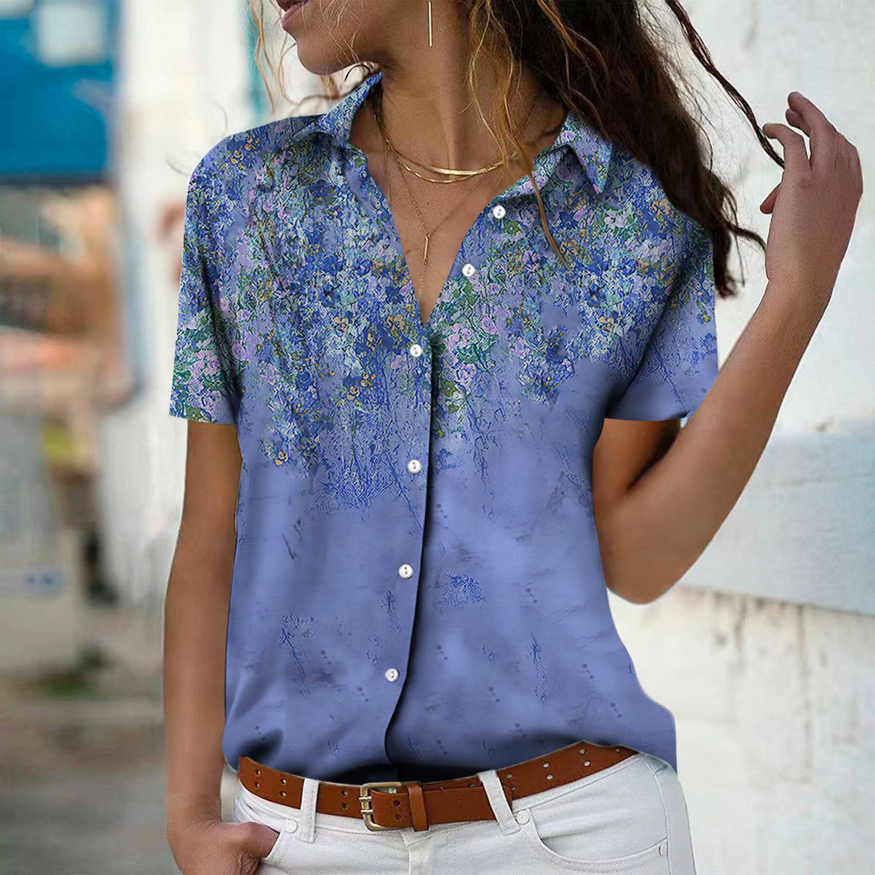 

2023 летняя новая модная женская картина маслом на синем фоне с принтом и коротким рукавом с v-образным вырезом, повседневная рубашка на пуговицах, топ