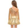 Meisjes Performance Outfit Metallic Glanzend Cold Shoulder Crop Top Lange Mouwen Kwastjes Design Feest Bellenrok