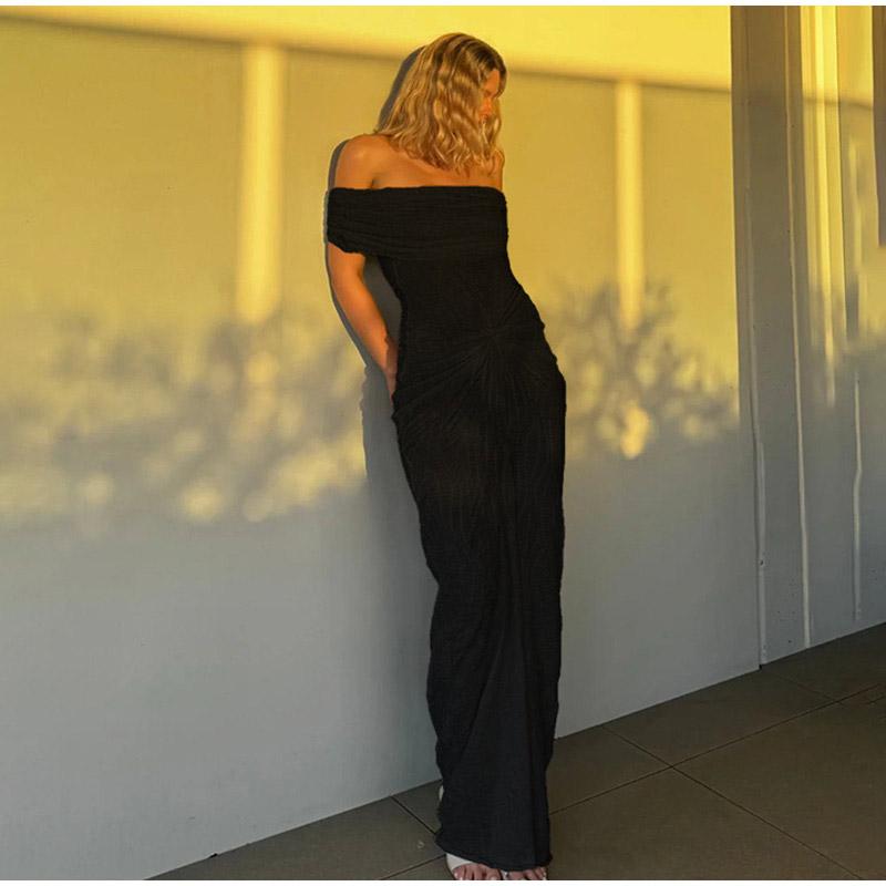 

Белое длинное платье с открытыми плечами и складками, женское, с вырезом-лодочкой на спине, пляжные платья 2025 года, летнее облегающее платье для леди, новое M чёрный