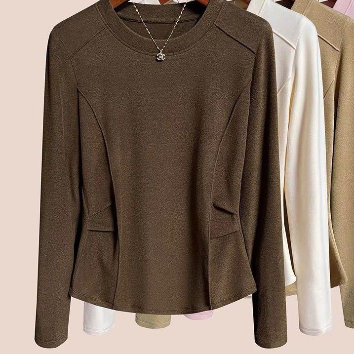 Women's Plus Size Base Shirt Round Neck Velvet Base Shirt Slim Fit Solid Color Stretch Long Sleeve T-Shirt
