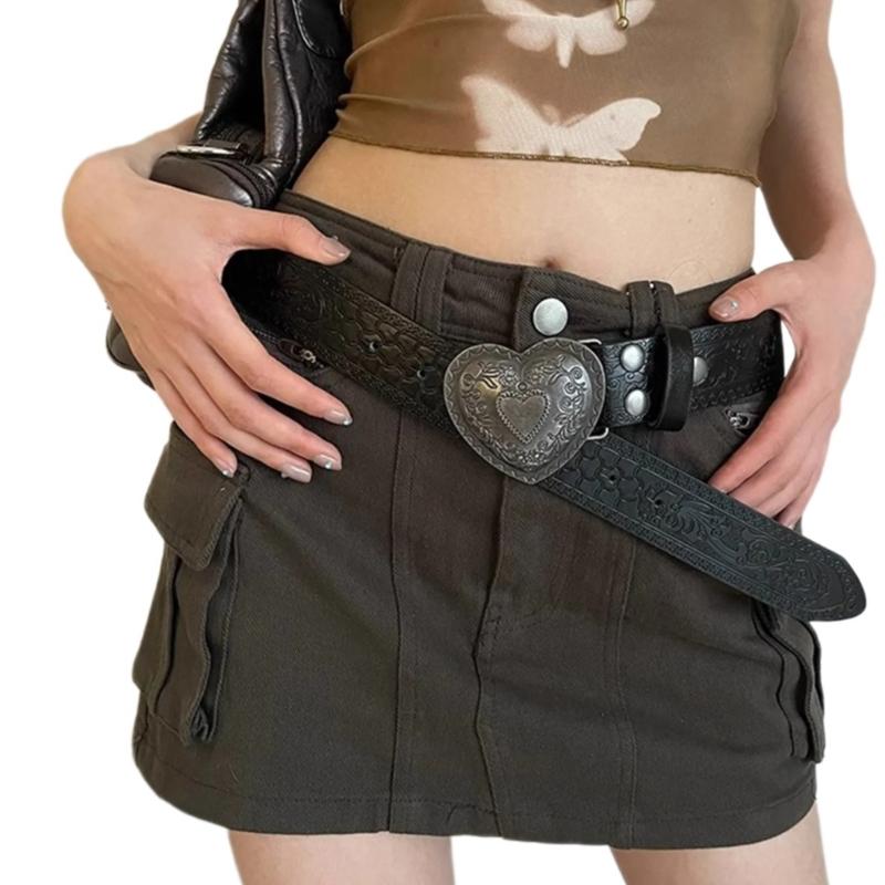 

Love Heart Buckle PU Belt for Women Waist Belt 2000s Embossing Pattern Belt for Teens Girl Western Cowgirls Waistband чорний