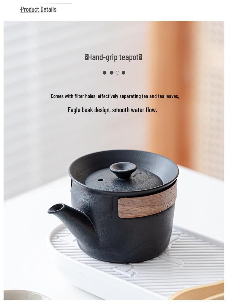 Elegant Portable Ceramic Tea Set with Wooden Tray: 1 Teapot & 4 Cups for Outdoor Adventures