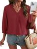 2026 Autumn/Winter Women's Retro V-neck Solid Color Loose Three-Quarter Sleeve Shirt