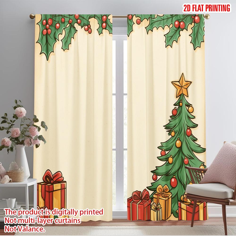 

2pcs,2D plane printing Curtains Digital Printed Christmas Tree Gifts Holly Wreath (2) Versatile Fabric (without rod) All Seasons 52.50×116.00 CM 2pcs