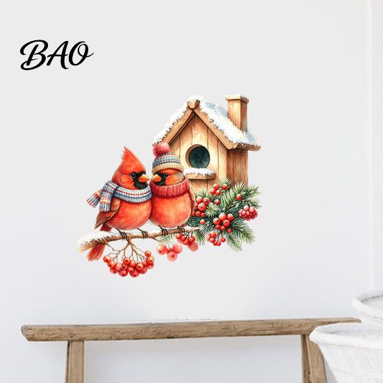 Removable PVC Wall Decals Christmas Bird Sticker, Watercolor Decal, Waterproof Winter Festive Party Decorations Theme Window Cling for Glass Doors And