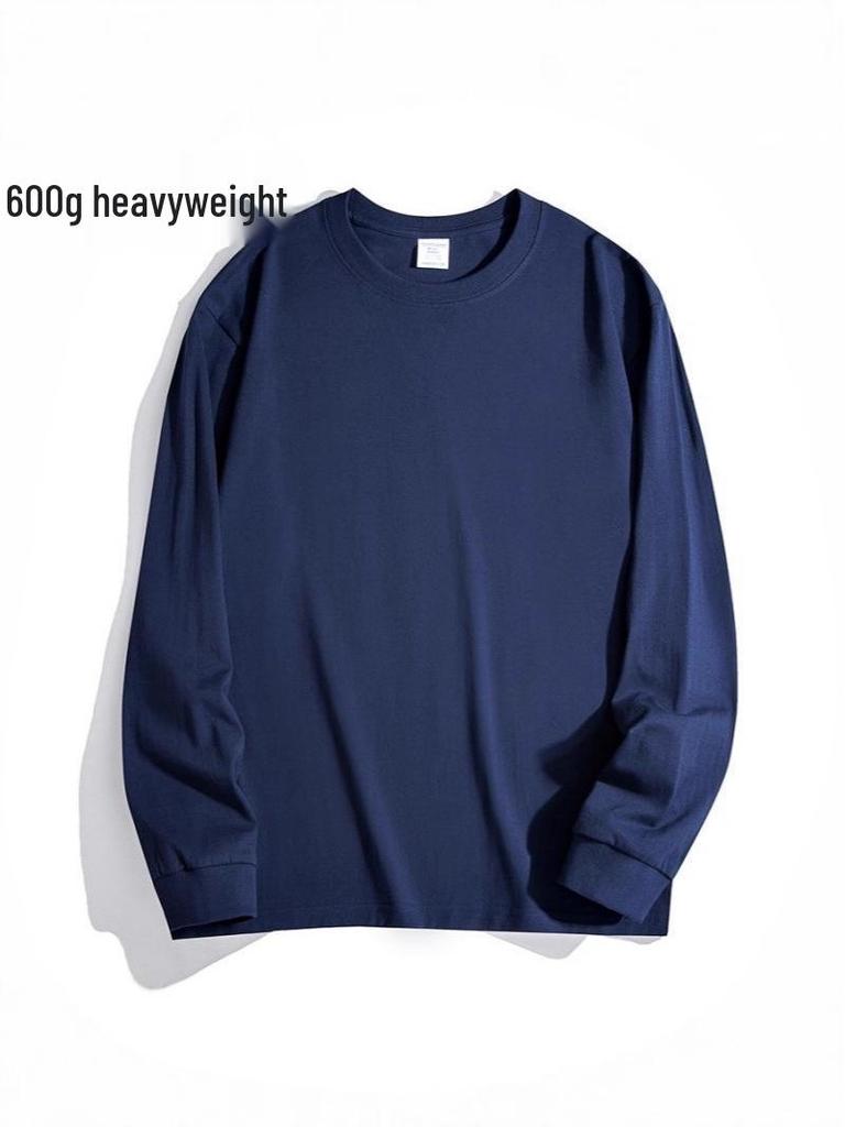 600G Heavyweight Men's Loose Fit Pure Cotton Long Sleeve T-Shirt - Small Neckline, High Gram Weight, Autumn/Winter.
