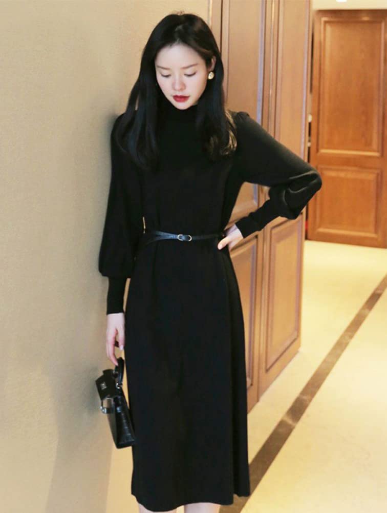 Vilaria Zimowa Dzianina Długa Okrągła Jednolita Idealna dla Dorosłych i na Specjalne Okazje Sukienka Damska, Rękawy, Dekolt, Długość do Kolana, Paskiem, Kolor, Pochlebna,