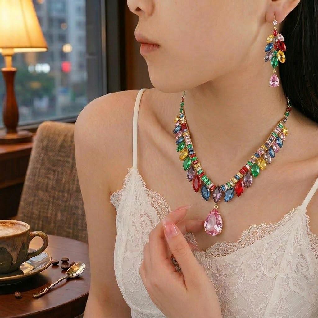 Wheat Ear Zirconia Earrings & Necklace Set - Trendy, Colorful, Fresh Jewelry for Stylish Collarbone Adornments