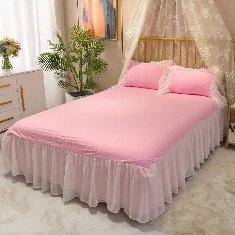 White Gauze Lace Lotus Leaf Lace Bed Skirts Princess Style Solid Color Bedspread Bed Cover Non-Slip Sheets For Girl Bed Cover