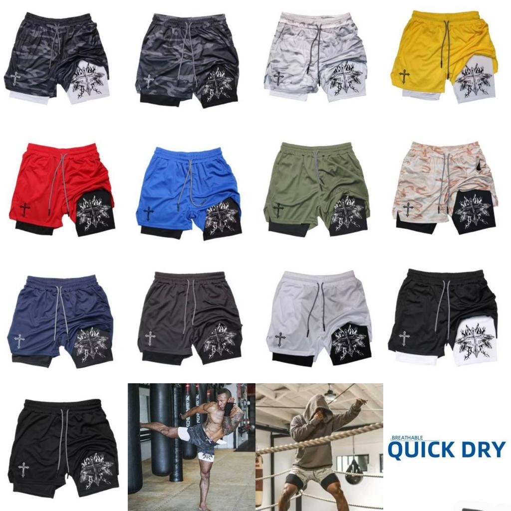 Muay Thai Kick Boxing MMA Shorts Cross Christian God Men Women Unisex Double Layer Quick Dry Breathable Sport Gym Fitness Workout