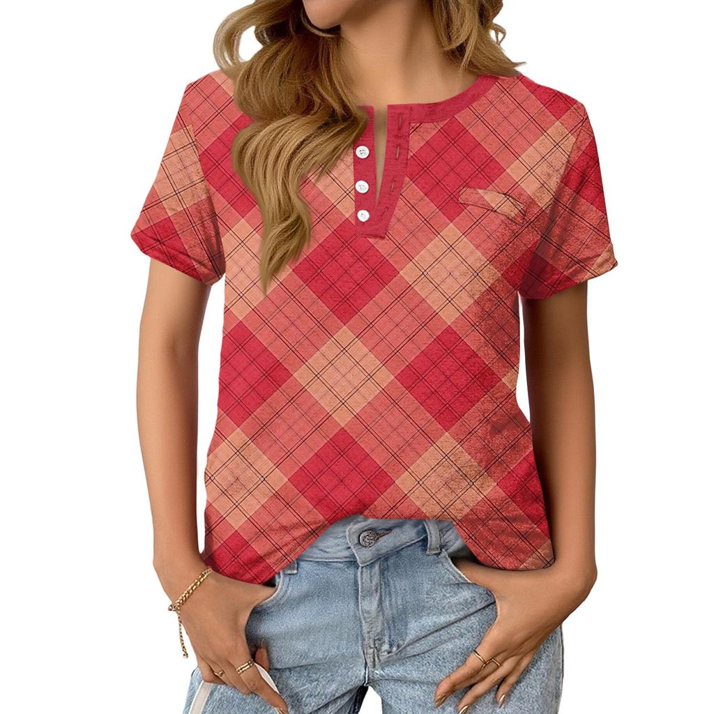 Modisches Lässiges Sommer-Karomuster V-Ausschnitt Knopf Kurzarm-Oberteil für Damen