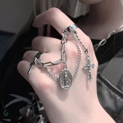 Fashion Hip Hop Punk Terroir Cool Ring Temperament Neutral Simple Hip Hop Cross Two Finger Bracelet Set