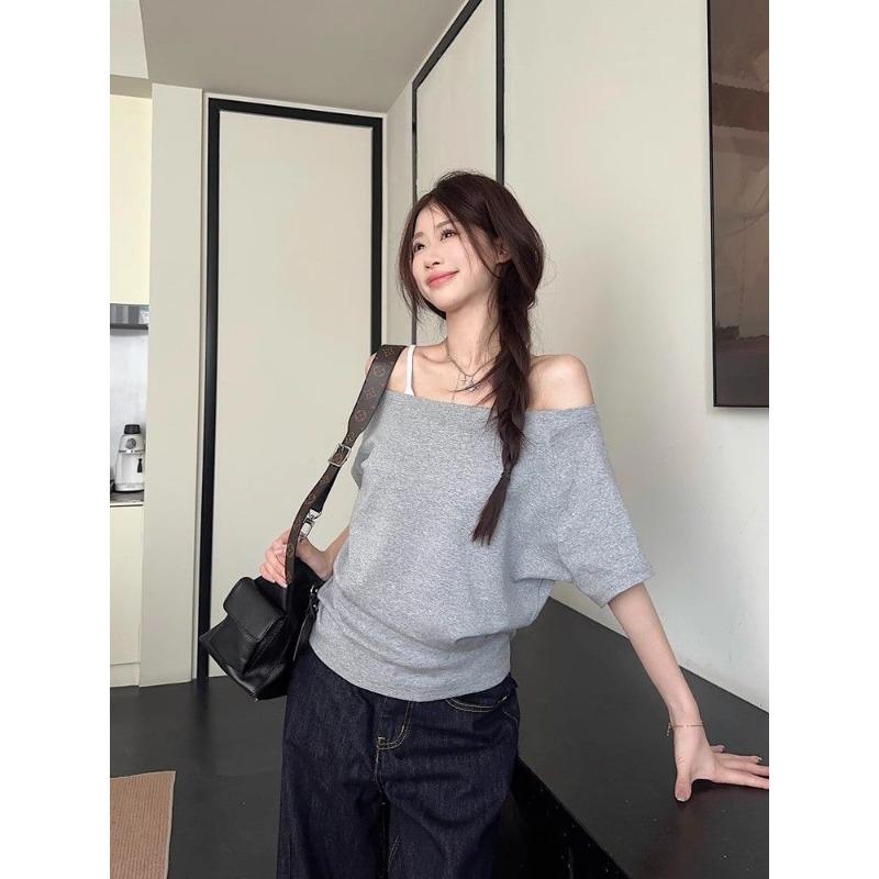 New Black One Shoulder Short Sleeve T-Shirt Women's Summer Pure Desire Loose Chic Top