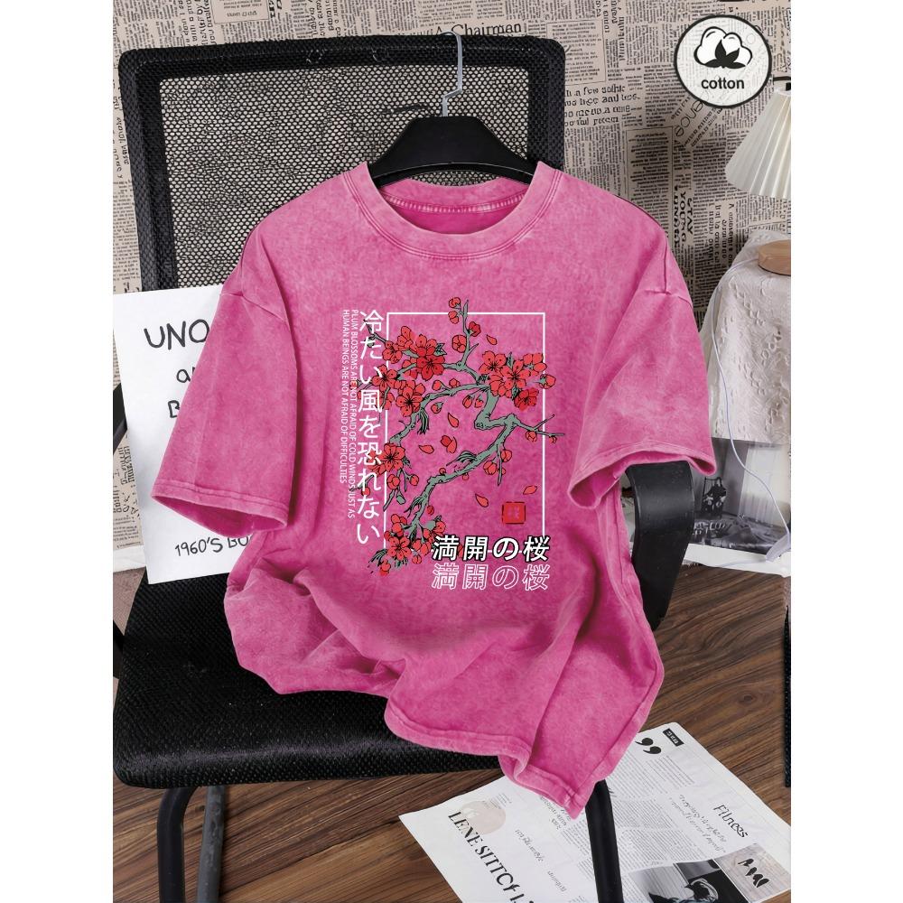 Japan Tokyo Beautiful Cherry Blossom Printed Women Washed T Shirt Summer Cotton T-Shirts Loose Y2K Clothe Short Sleeves