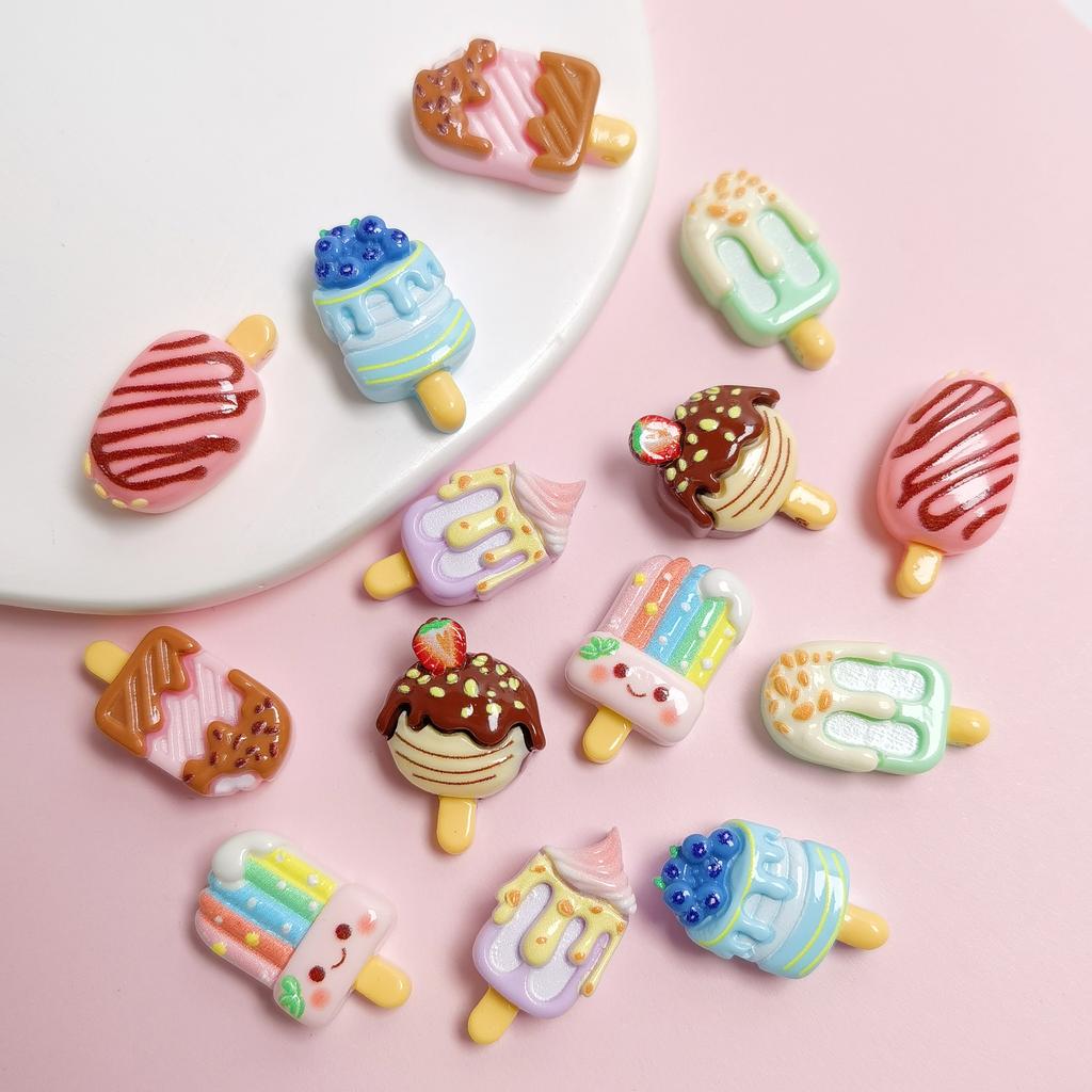 100pcs Kawaii Bean Flatback Resin Cabochon Simulation Ice Cream Popsicle Scrapbook Crafts DIY Hair Bows Accessories Phone Decor