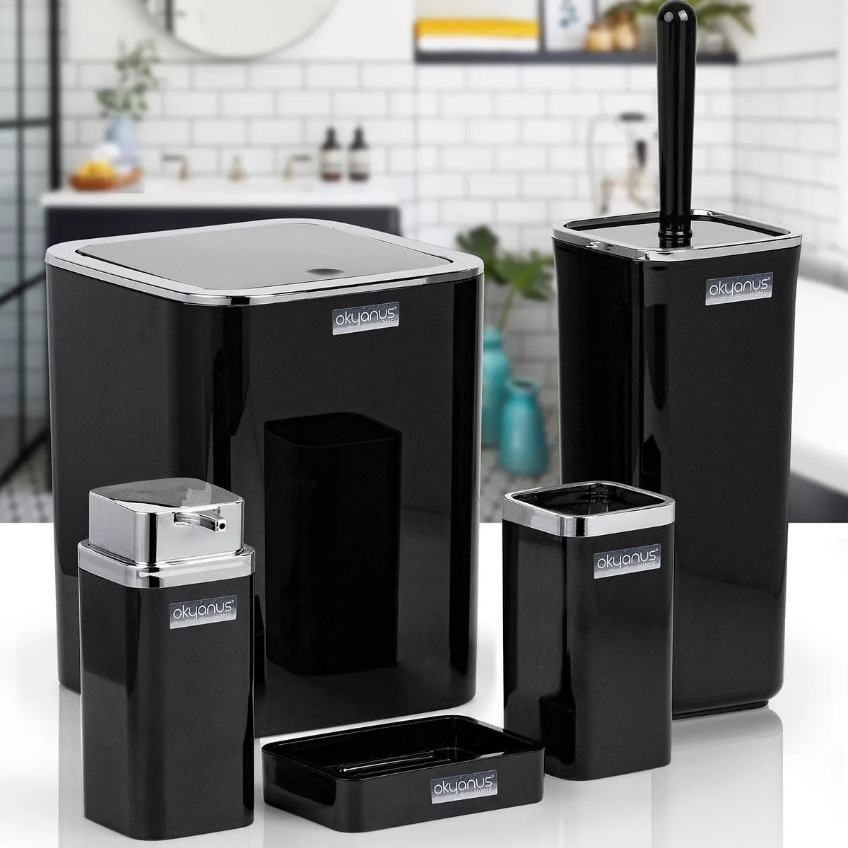 

Набор из 5 аксессуаров для ванной комнаты Квадратный роскошный хромированный дизайн Органайзер для ванной Техника Мусорное ведро Держатель зубной щетки Дозатор для мыла и набор для лосьона