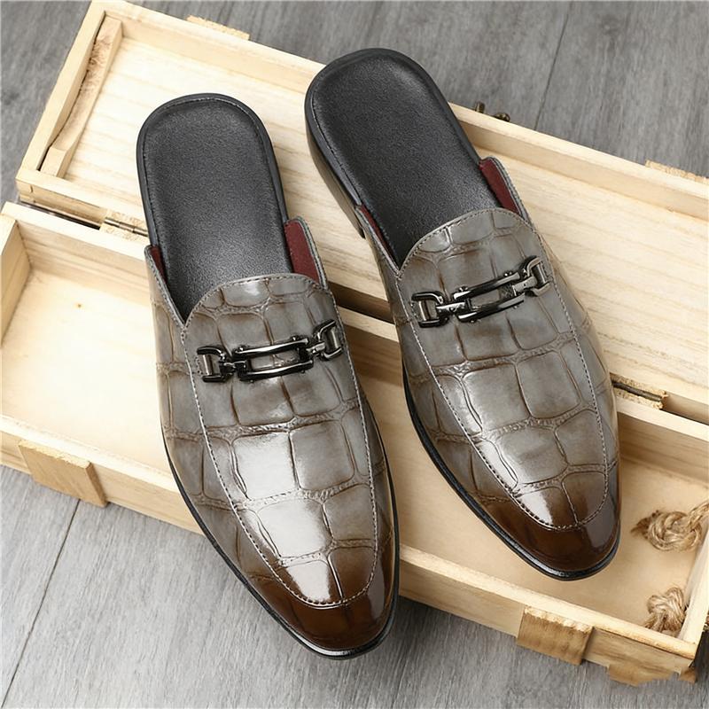 Designer New Men's Black Grey Brown Crocodile Pattern Leather Half Slippers Shoes Male Casual Mules Moccasins Breathable Loafers