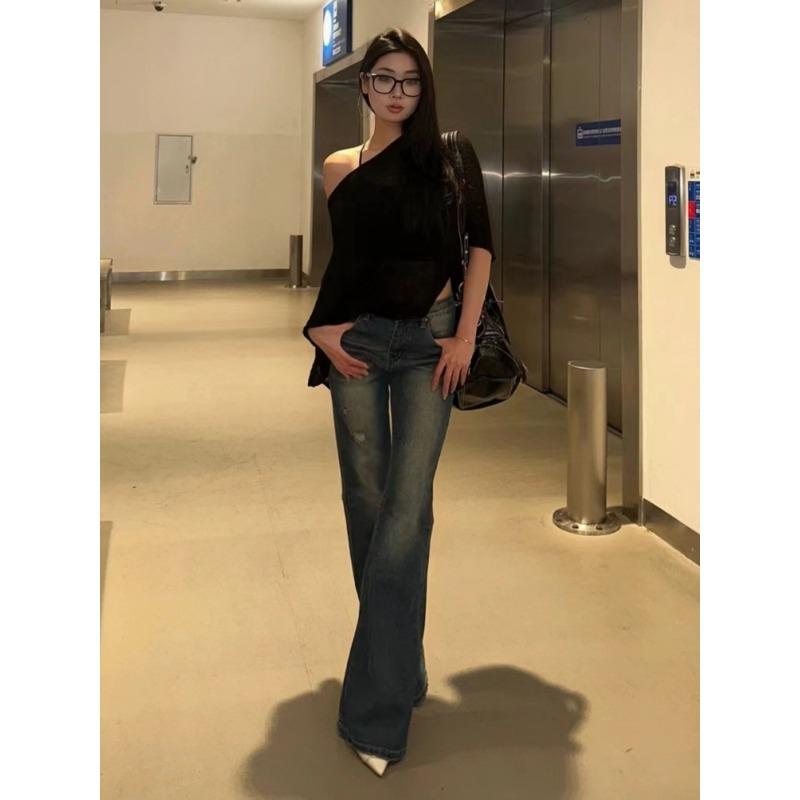 Vintage gray thin sexy slanted shoulder sleeveless knitted sweater women's summer loose irregular cape blouse top