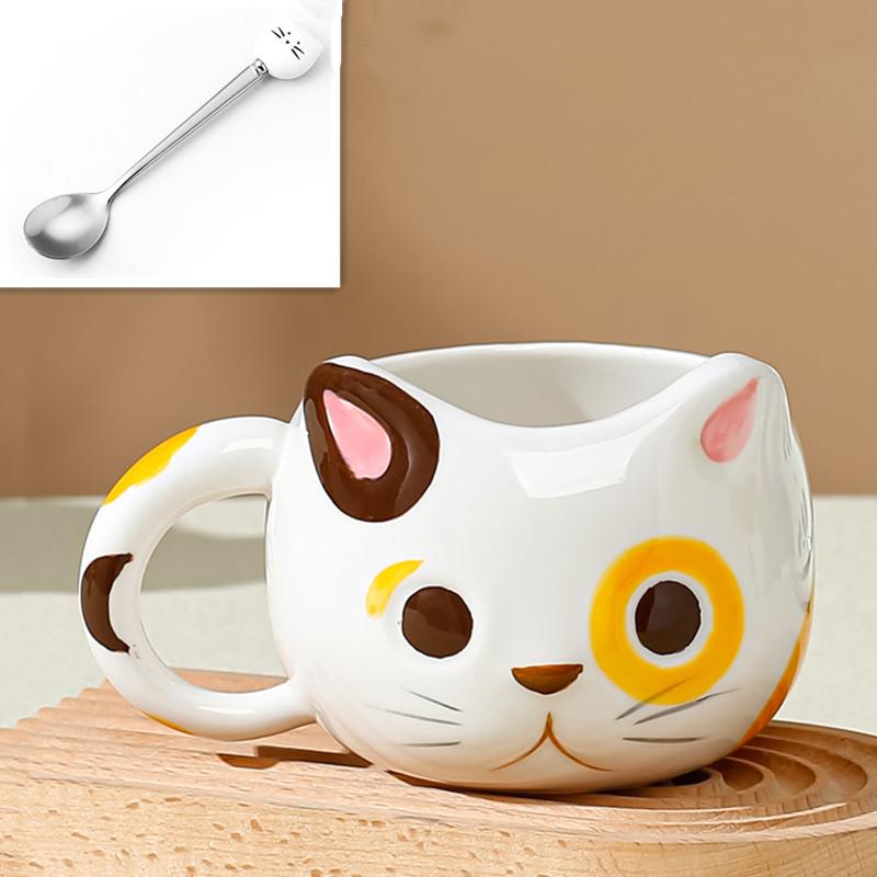 430ml Cartoon Cat Ceramic Mug With Spoon Creative Cute Coffee Milk Tea Breakfast Cup Drinkware Novelty Gifts
