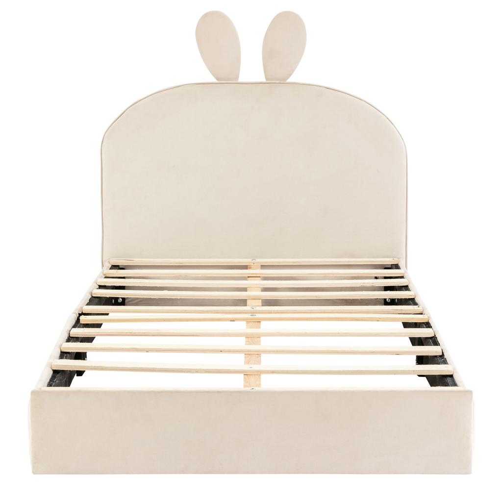 Rabbit Headboard Upholstered Bed, Children's Bed with Wooden Slats, Single Bed, Velvet, Beige, 90x200cm
