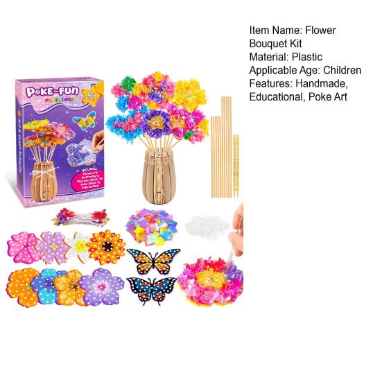 1 Set Poke Art Flower Bouquet Kit with Butterfly Wooden Vase Handmade Flower Making Toy Toddlers Floral Bouquet Arts Crafts Activities Toy