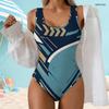 Women Plus Size Scoop Neck Wide Straps High Cut One Piece Geometric Printed Swimsuit