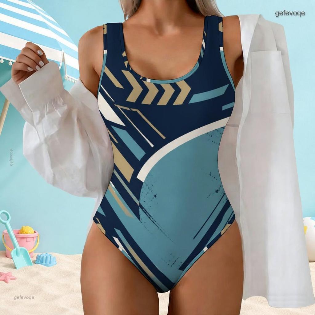 Women Plus Size Scoop Neck Wide Straps High Cut One Piece Geometric Printed Swimsuit